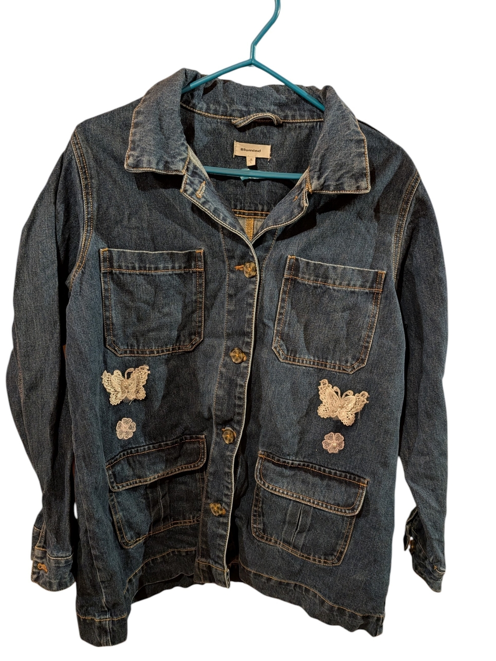 Embellished Dark Blue Denim Jacket with Lace Motifs